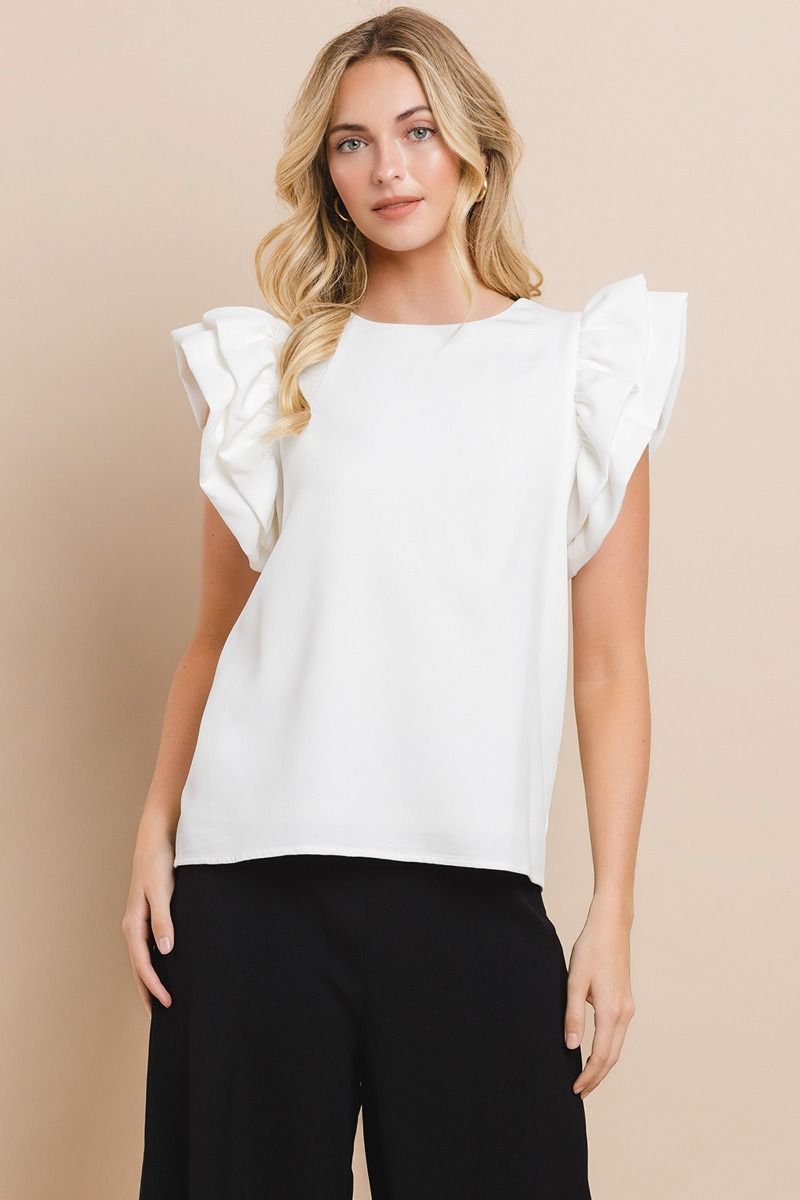 ROUND NECKLINE TOP WITH RUFFLE SLEEVES