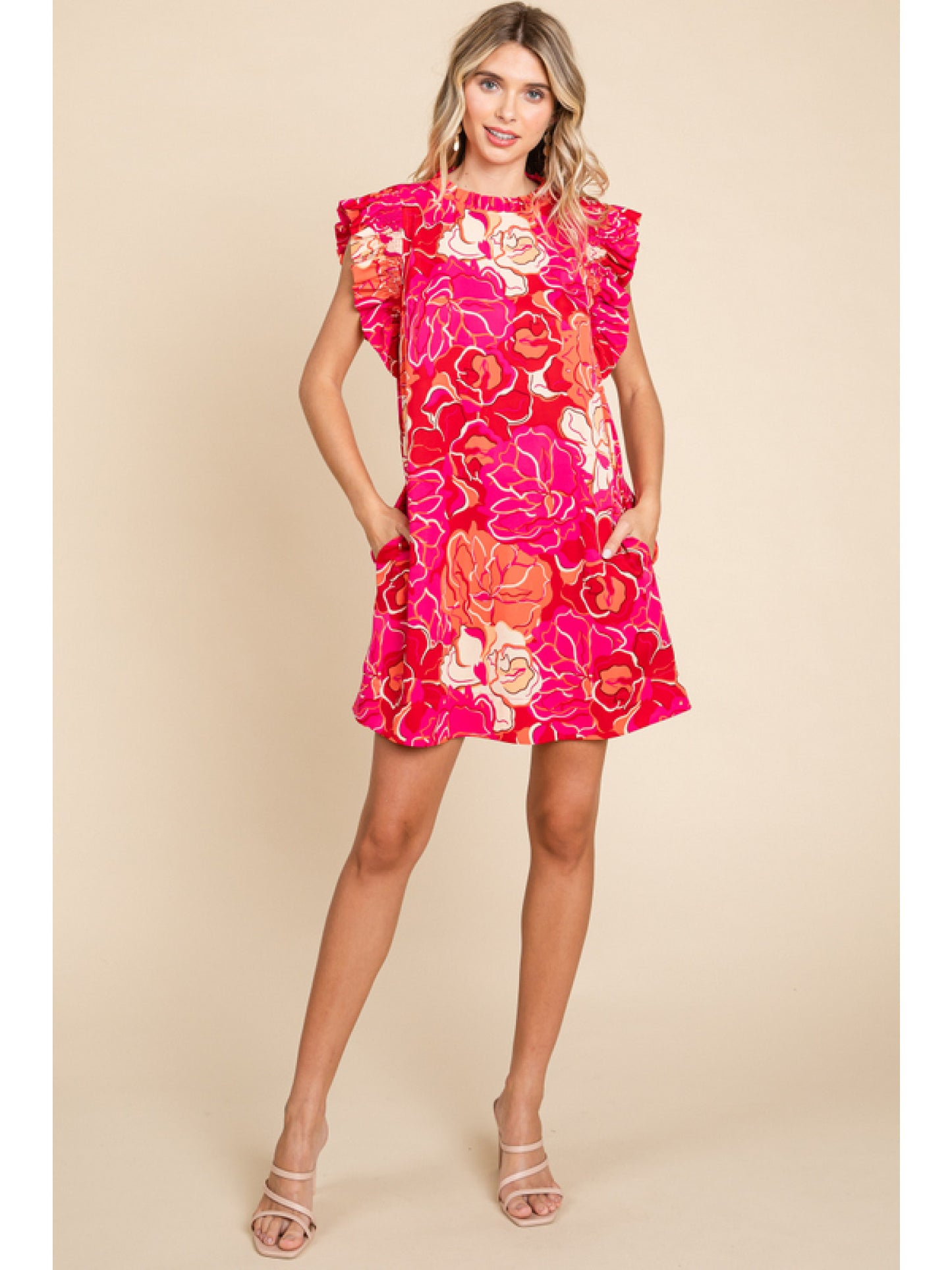 RED FLOWER PRINT DRESS WITH RUFFLE SLEEVES