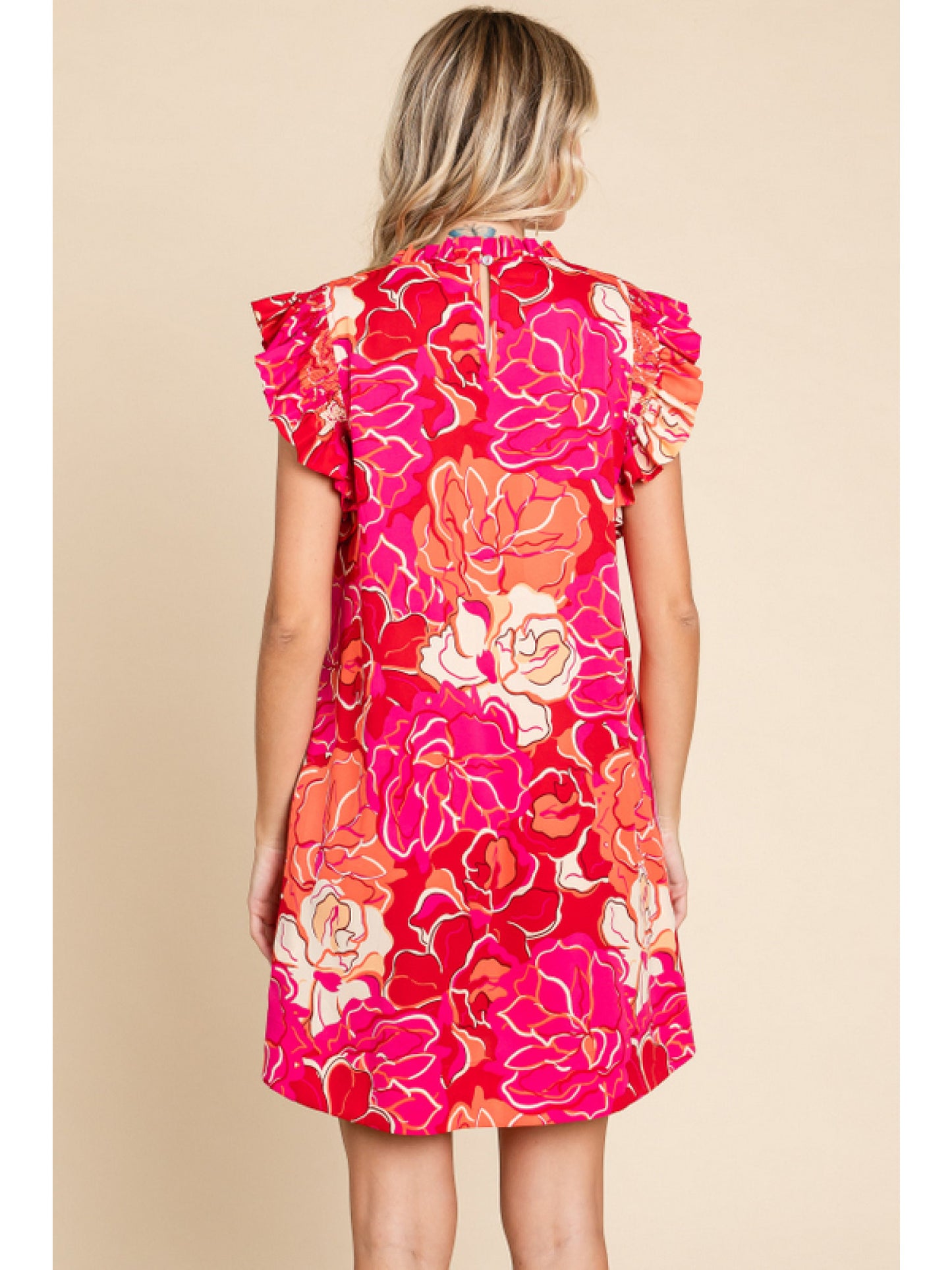 RED FLOWER PRINT DRESS WITH RUFFLE SLEEVES