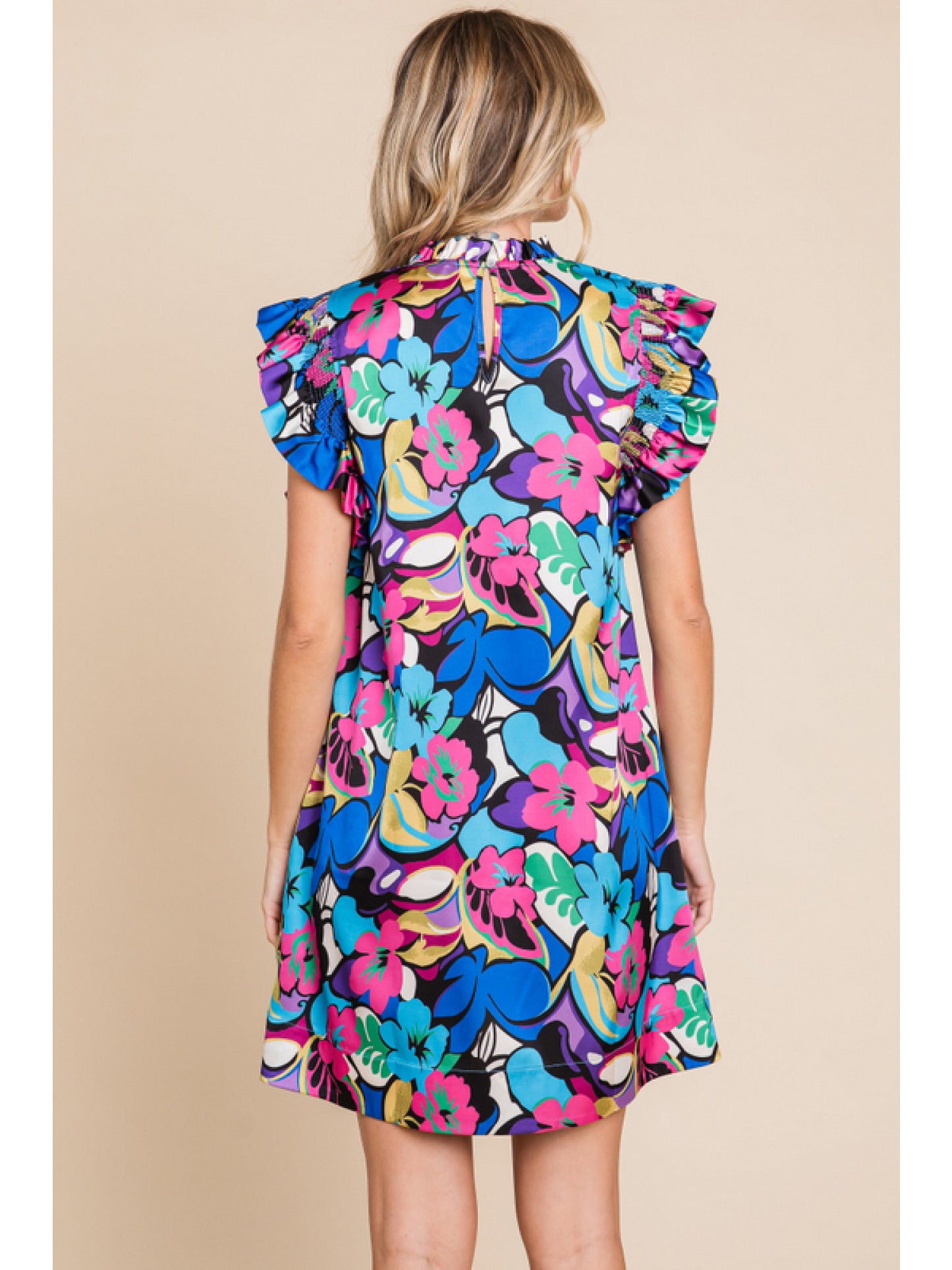 SATIN FLOWER PRINT DRESS WITH RUFFLE SLEEVES