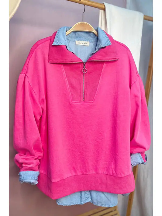 MINERAL WASH  ZIP UP LONG SLEEVE TOP