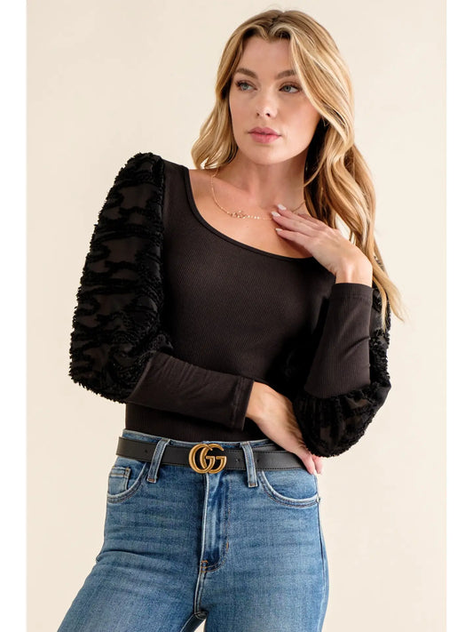 Textured Puff Sleeve Bodysuit