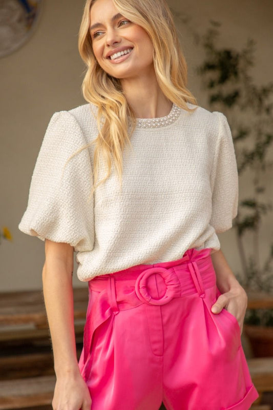 PEARL TRIM NECK BUBBLE SLEEVE TWEED TOP