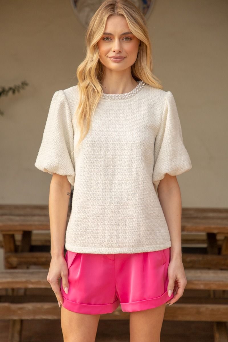 PEARL TRIM NECK BUBBLE SLEEVE TWEED TOP