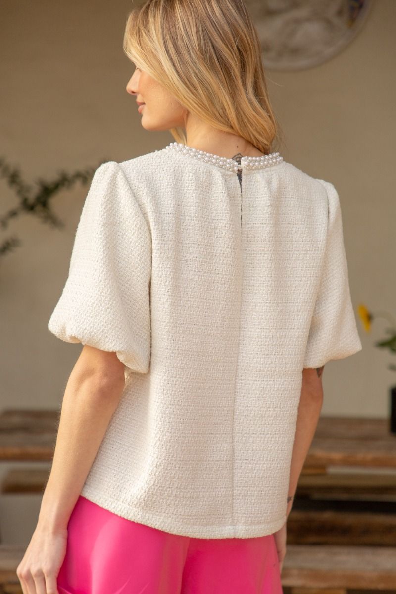 PEARL TRIM NECK BUBBLE SLEEVE TWEED TOP
