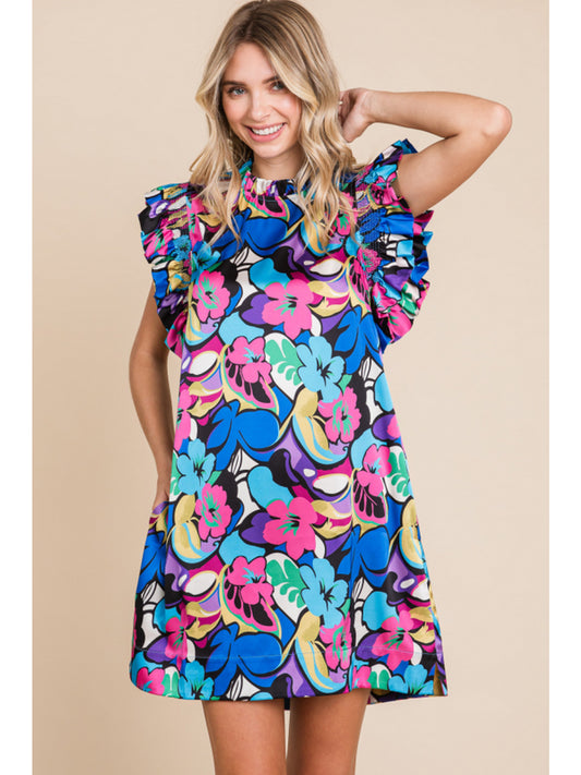 SATIN FLOWER PRINT DRESS WITH RUFFLE SLEEVES