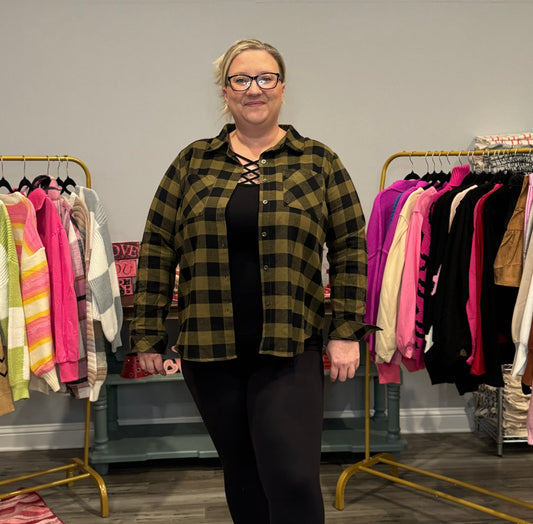 OLIVE BUTTON UP PLAID-CURVY